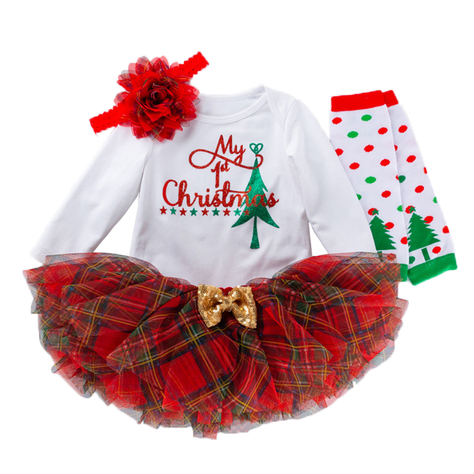 Bodysuit+Tutu Skirt+Leg Warmers+Bow Headband Christmas Outfits Set Red Clearance for 9-12 Months